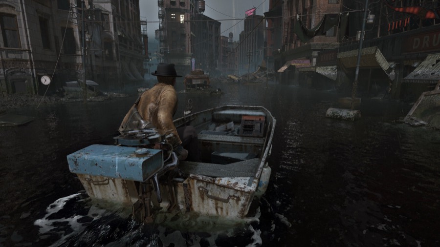Calvin Rafferty steering a small boat through a flooded Arkham street between ruined buildings